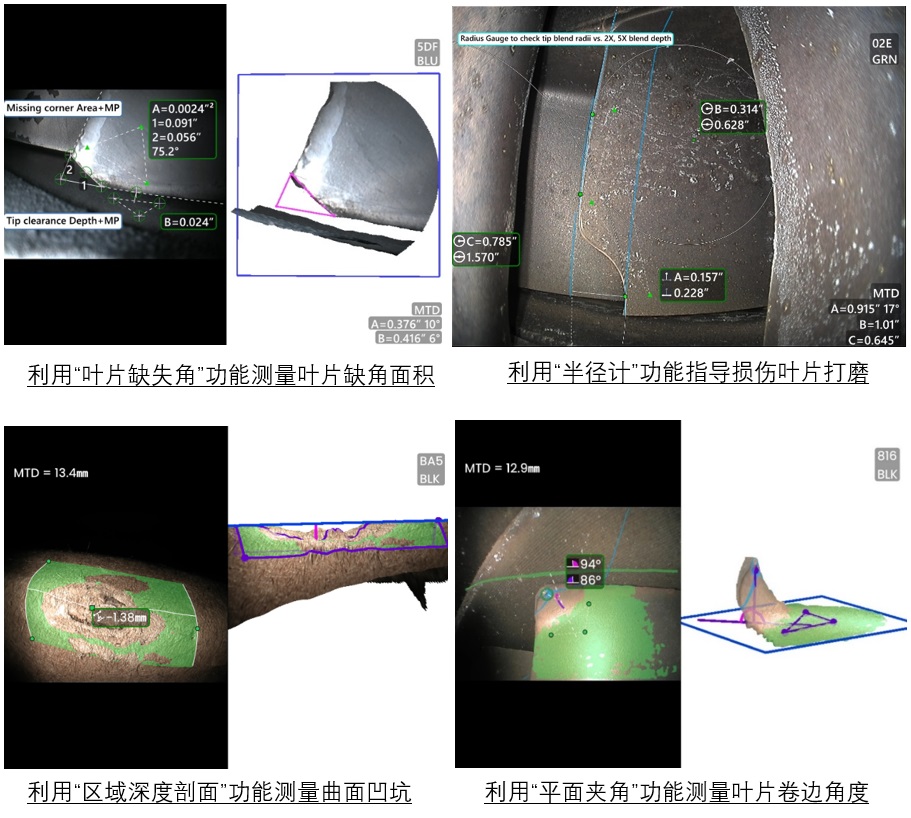 葉片缺失角、半徑計、區(qū)域深度剖面、平面夾角等測量模式